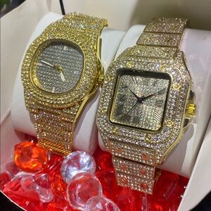 Gold Tone Watch Set unisex two-piece combination lab ice resizable valentines